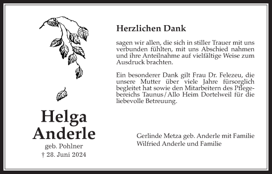 Traueranzeige von Helga Anderle von Bad Vilbel/Karben