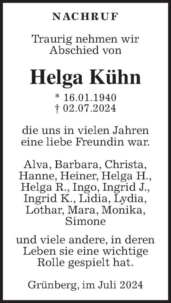 Traueranzeige von Helga Kühn von Giessener Allgemeine, Alsfelder Allgemeine