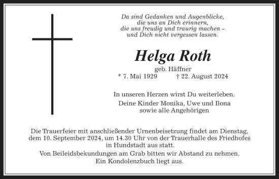 Traueranzeige von Helga Roth von Usinger Anzeiger, Usinger Anzeigenblatt