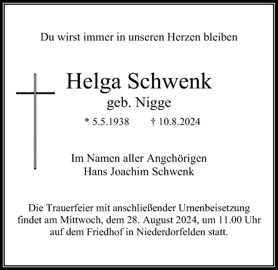 Traueranzeige von Helga Schwenk von Bad Vilbel/Karben