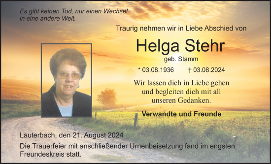 Traueranzeige von Helga Stehr von Lauterbacher Anzeiger