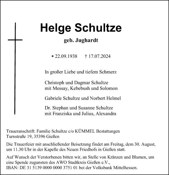 Traueranzeige von Helge Schultze von Giessener Anzeiger, Giessener Allgemeine, Alsfelder Allgemeine