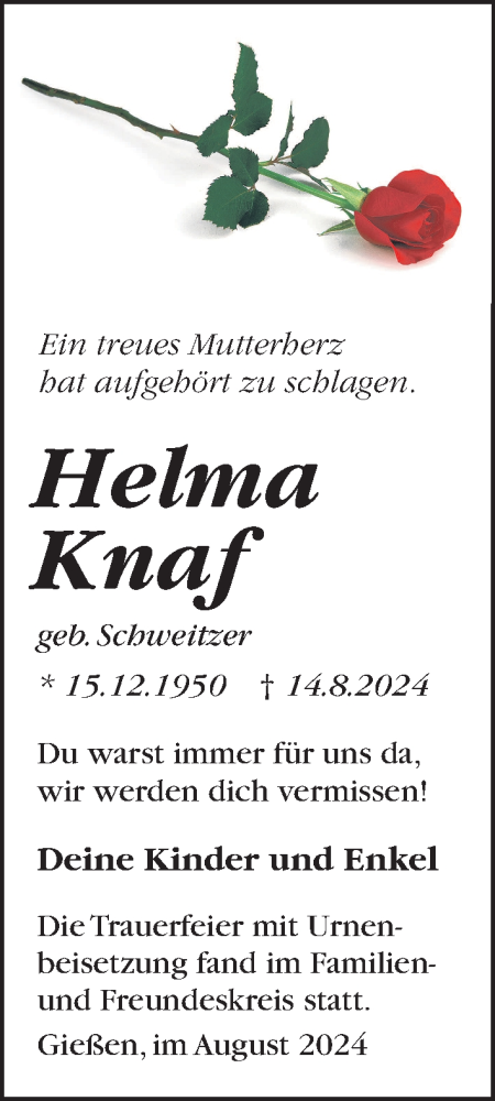 Traueranzeige von Helma Knaf von Giessener Allgemeine, Alsfelder Allgemeine