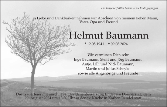 Traueranzeige von Helmut Baumann von Bad Vilbel/Karben