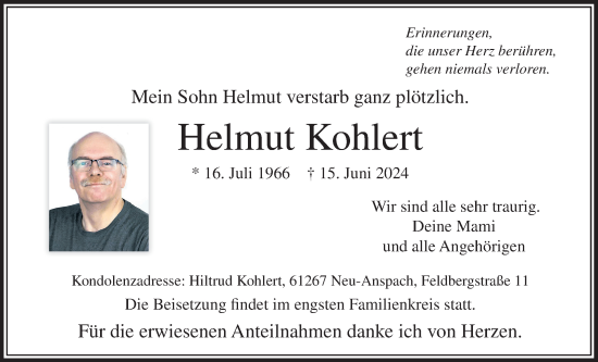 Traueranzeige von Helmut Kohlert von Usinger Anzeigenblatt