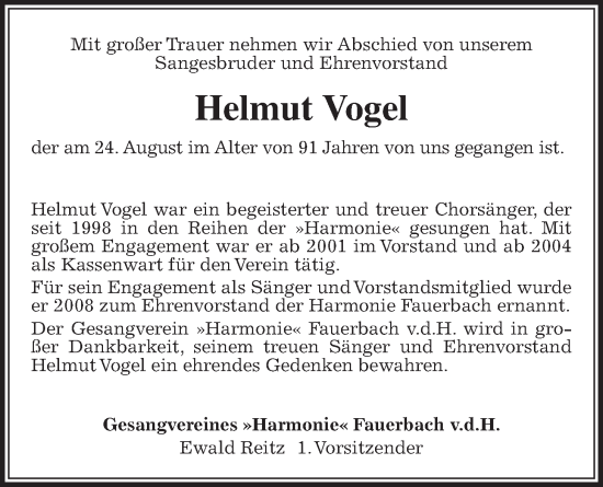 Traueranzeige von Helmut Vogel von Butzbacher Zeitung