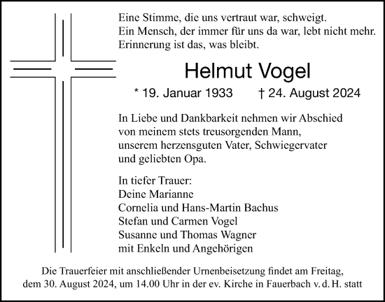 Traueranzeige von Helmut Vogel von Butzbacher Zeitung