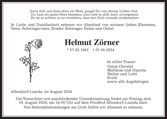 Traueranzeige von Helmut Zörner von Giessener Allgemeine, Alsfelder Allgemeine, Allendorfer Mitteilungen