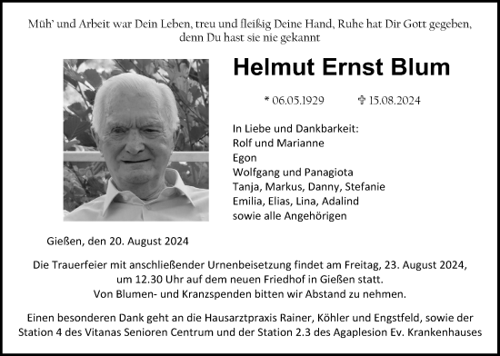 Traueranzeige von Helmut Ernst Blum von Giessener Anzeiger, Giessener Allgemeine, Alsfelder Allgemeine