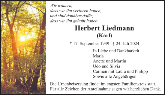 Traueranzeige von Herbert Liedmann von Butzbacher Zeitung