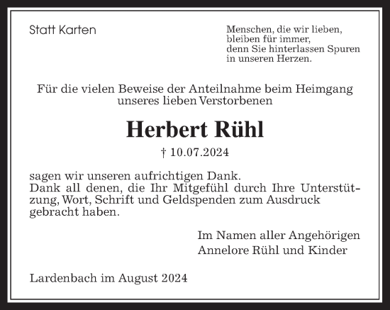 Traueranzeige von Herbert Rühl von Giessener Allgemeine, Alsfelder Allgemeine