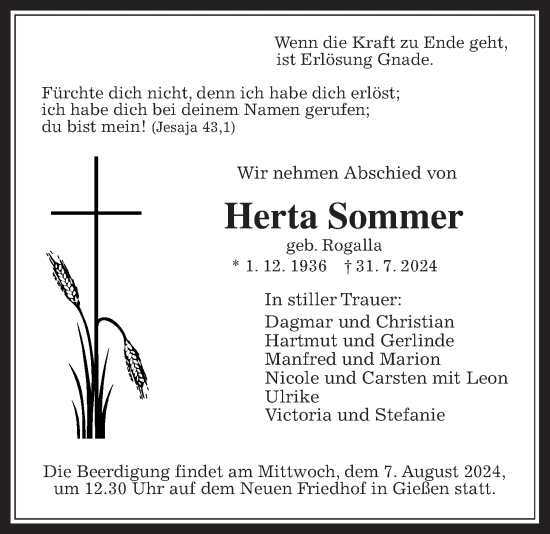 Traueranzeige von Herta Sommer von Giessener Allgemeine, Alsfelder Allgemeine, Giessener Anzeiger