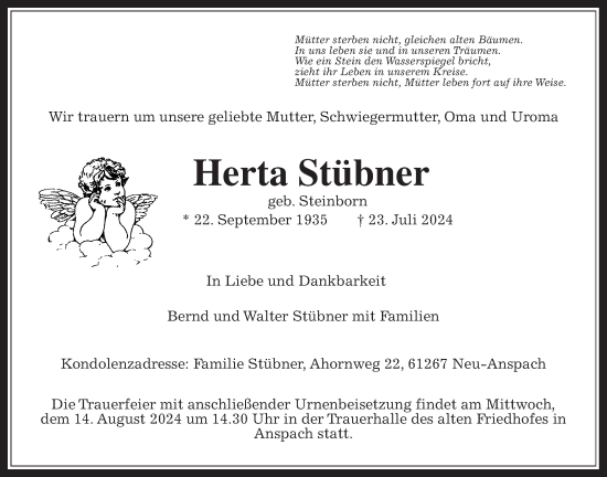 Traueranzeige von Herta Stübner von Usinger Anzeiger, Usinger Anzeigenblatt