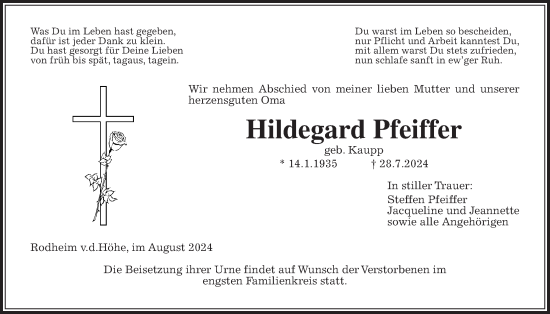 Traueranzeige von Hildegard Pfeiffer von Wetterauer Zeitung