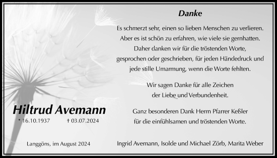 Traueranzeige von Hiltrud Avemann von Giessener Allgemeine, Alsfelder Allgemeine