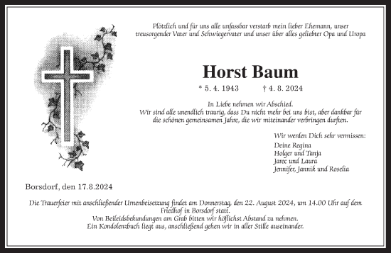 Traueranzeige von Horst Baum von Kreis-Anzeiger