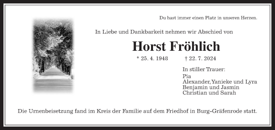 Traueranzeige von Horst Fröhlich von Wetterauer Zeitung