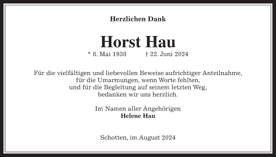 Traueranzeige von Horst Hau von Kreis-Anzeiger