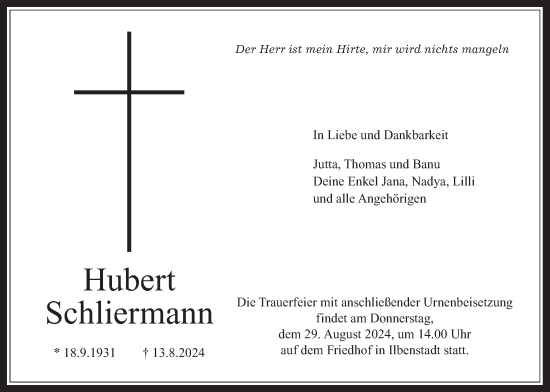 Traueranzeige von Hubert Schliermann von Wetterauer Zeitung