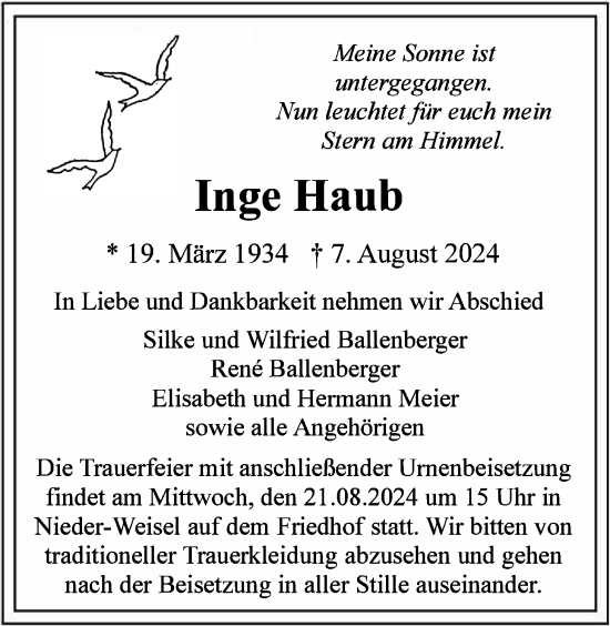 Traueranzeige von Inge Haub von Butzbacher Zeitung