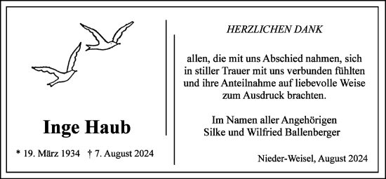 Traueranzeige von Inge Haub von Butzbacher Zeitung