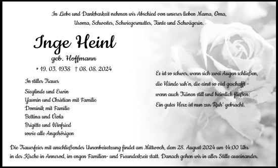 Traueranzeige von Inge Heinl von Giessener Allgemeine, Alsfelder Allgemeine