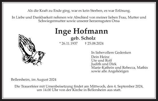 Traueranzeige von Inge Hofmann von Giessener Allgemeine, Alsfelder Allgemeine, Wetterauer Zeitung