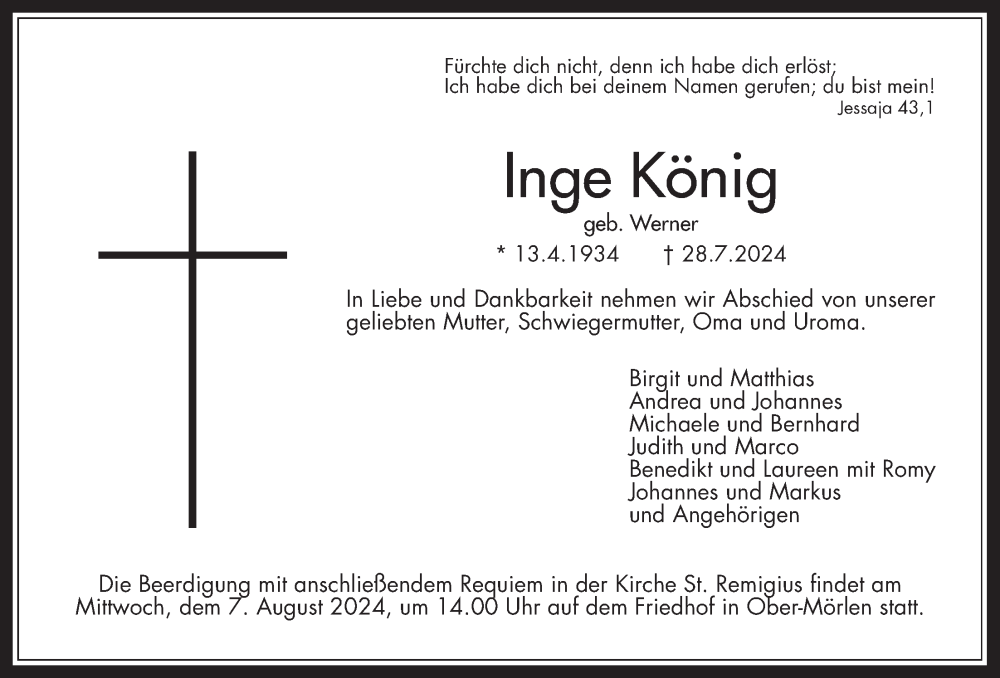  Traueranzeige für Inge König vom 03.08.2024 aus Wetterauer Zeitung
