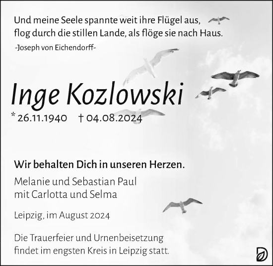 Traueranzeige von Inge Kozlowski von Giessener Allgemeine, Alsfelder Allgemeine
