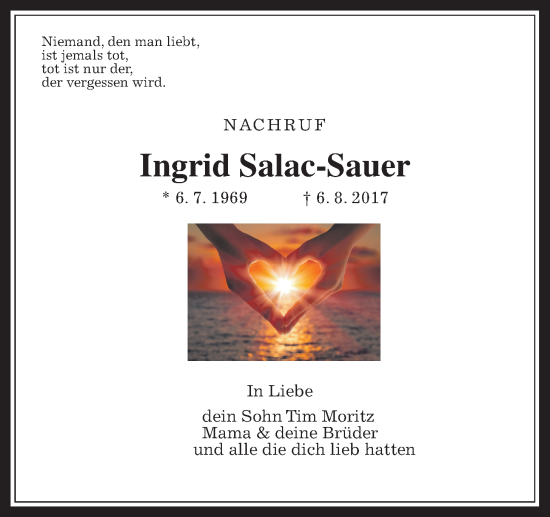 Traueranzeige von Ingrid Salac-Sauer von Giessener Allgemeine, Alsfelder Allgemeine