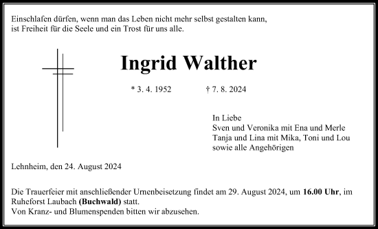 Traueranzeige von Ingrid Walther von Giessener Allgemeine, Alsfelder Allgemeine