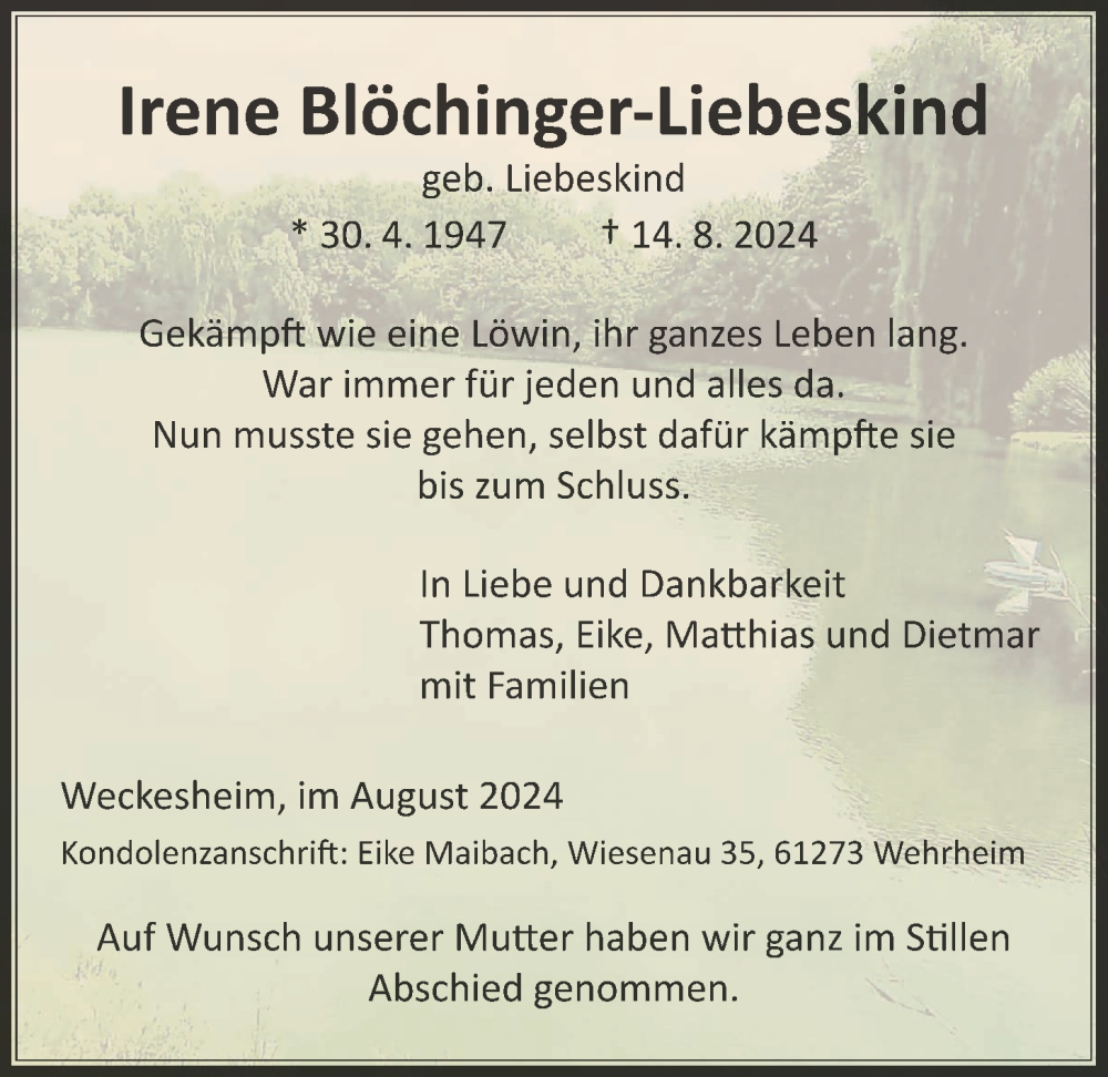  Traueranzeige für Irene Blöchinger-Liebeskind vom 31.08.2024 aus Wetterauer Zeitung