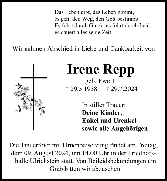 Traueranzeige von Irene Repp von Lauterbacher Anzeiger