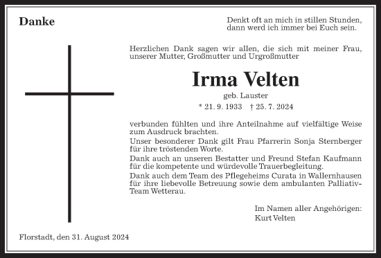 Traueranzeige von Irma Velten von Wetterauer Zeitung, Kreis-Anzeiger