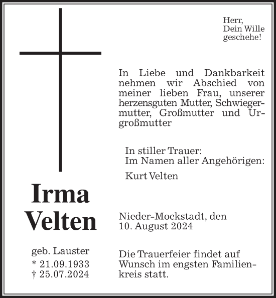 Traueranzeige von Irma Velten von Wetterauer Zeitung, Kreis-Anzeiger