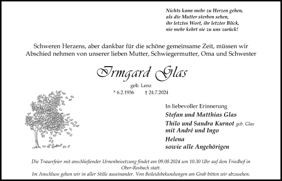 Traueranzeige von Irmgard Glas von Wetterauer Zeitung