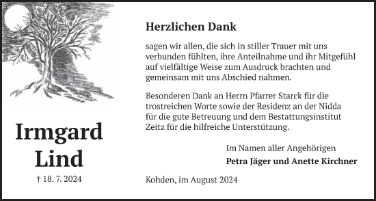 Traueranzeige von Irmgard Lind von Kreis-Anzeiger