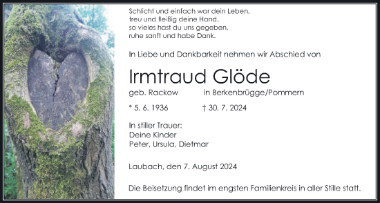 Traueranzeige von Irmtraud Glöde von Laubacher Anzeiger, Laubacher Anzeiger