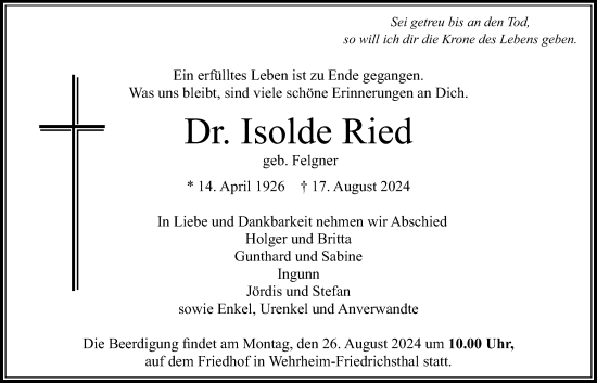 Traueranzeige von Isolde Ried von Usinger Anzeigenblatt