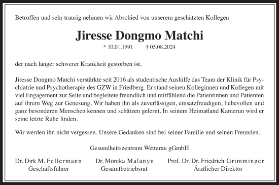 Traueranzeige von Jiresse Domgmo Matchi von Wetterauer Zeitung