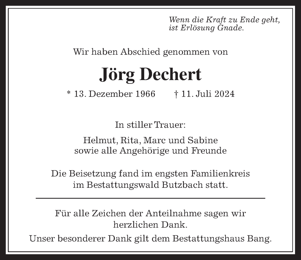  Traueranzeige für Jörg Dechert vom 03.08.2024 aus Butzbacher Zeitung
