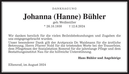 Traueranzeige von Johanna Bühler von Oberhessische Zeitung