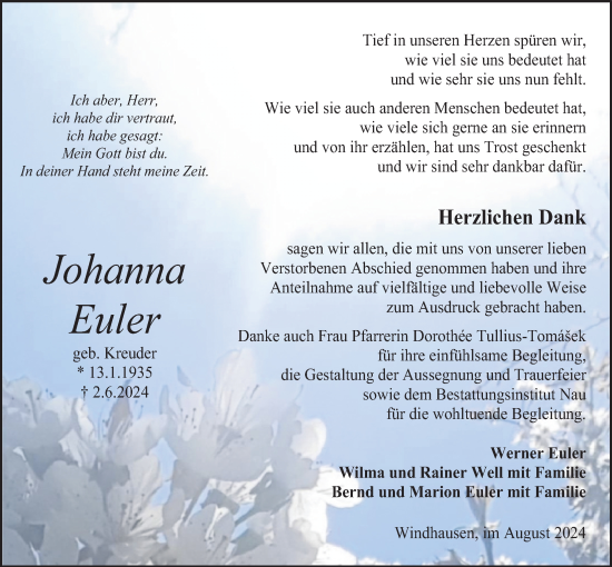 Traueranzeige von Johanna Euler von Oberhessische Zeitung