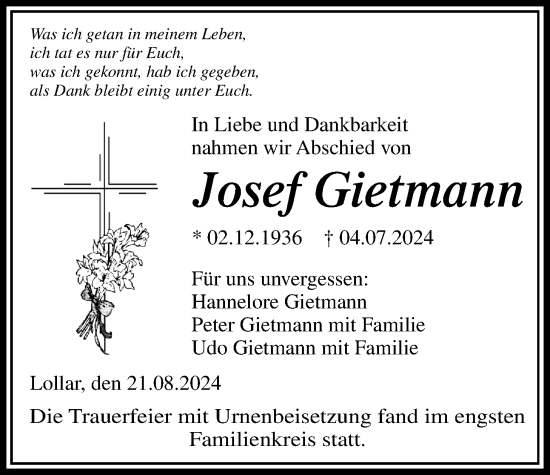 Traueranzeige von Josef Gietmann von Giessener Allgemeine, Alsfelder Allgemeine