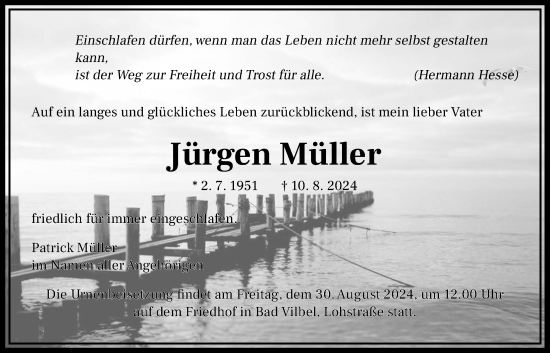 Traueranzeige von Jürgen Müller von Bad Vilbel/Karben