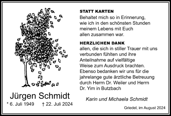 Traueranzeige von Jürgen Schmidt von Butzbacher Zeitung