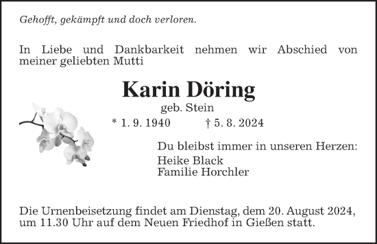 Traueranzeige von Karin Döring von Giessener Allgemeine, Alsfelder Allgemeine