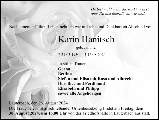Traueranzeige von Karin Hanitsch von Lauterbacher Anzeiger