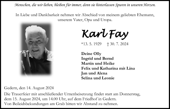 Traueranzeige von Karl Fay von Kreis-Anzeiger