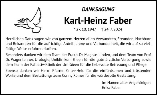 Traueranzeige von Karl-Heinz Faber von Giessener Allgemeine, Alsfelder Allgemeine, Giessener Anzeiger
